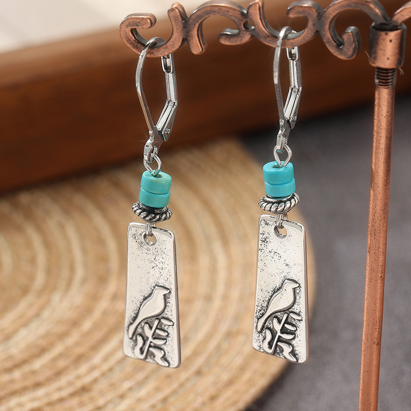 Vertical Tag Dangle Hoop Earrings with Vintage Bird Patterns